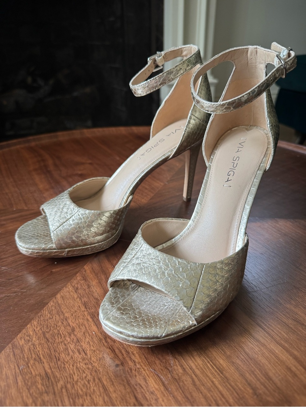 Via Spiga Metallic Gold Textured Ankle-Strap Heels